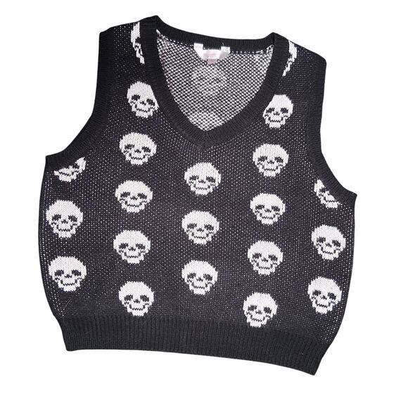 No Boundaries Size L Black Knit Skulls Pattern Vest Large Knit Halloween Spooky - Picture 1 of 10